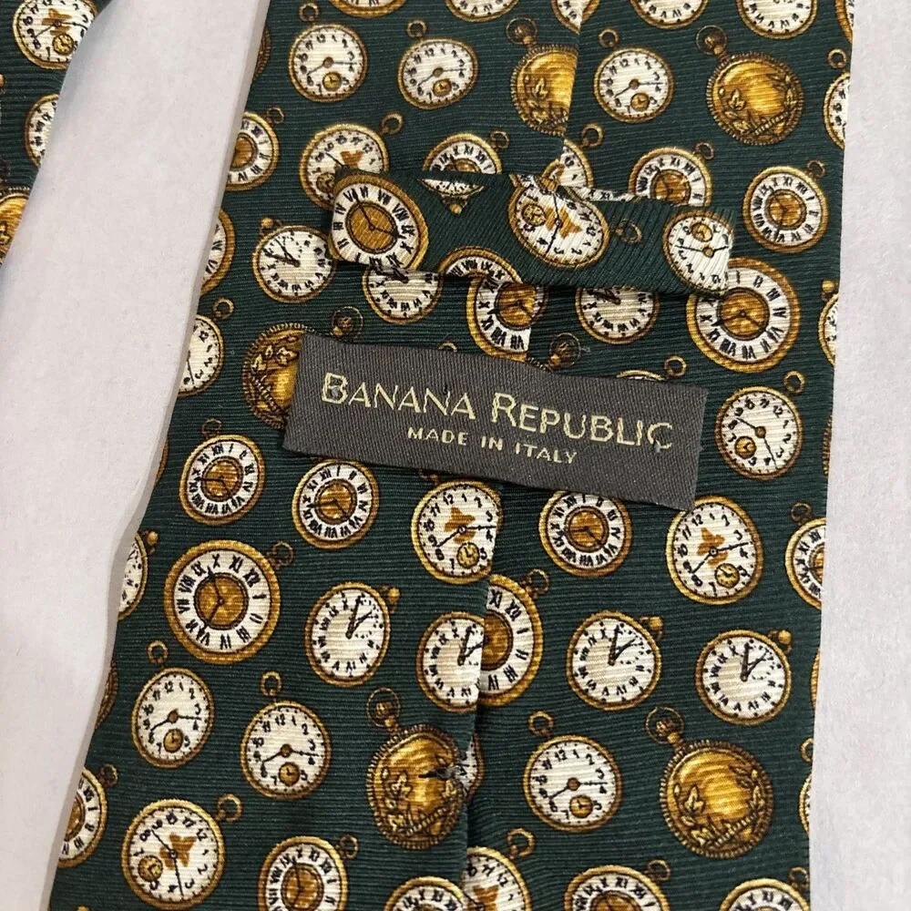 Banana Republic MEN'S TIE  Green With AOP Gold Pocket Watches, Silk, 4” X 58”